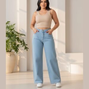 Calça Jeans Wide Basic - Wide Leg Feminina Moderna Cintura Alta Wide Basic - Imagem 4